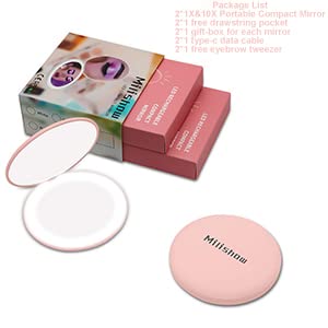Compact Mirror with LED Light,1x/10x Magnifying Rechargeable Mirror,3.5in, Dimmable Travel Mirror for Purse,Pocket,Handheld 2-Sided Makeup Mirror