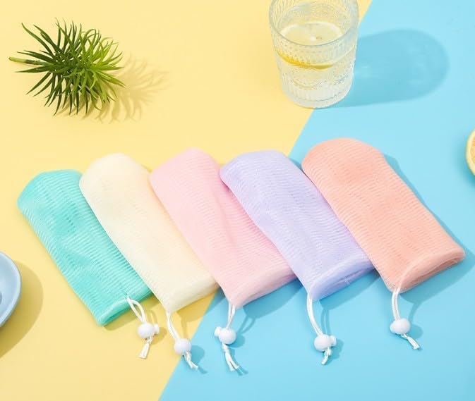 6PCS Multicolor Exfoliating Mesh Soap Pouch Bubble Foam Net Bag for Shower Saver Pouch Drawstring Foaming Net Soap Bag for Body Facial Cleaning Tool, 5 Colors Easy to Store Used Repeatedly,Cleansers
