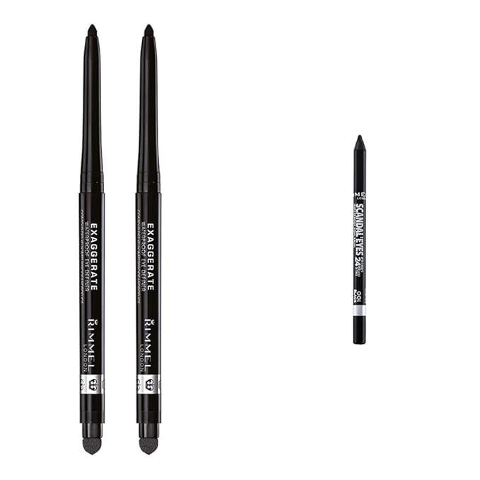 Rimmel London Exaggerate Auto Waterproof Eye Definer Blackest Black 2 Count & Scandaleyes Waterproof Gel Pencil Eyeliner Black