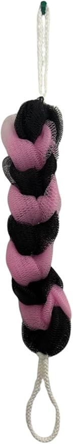 Long Reach Nylon Mesh Elastic Dual-Color Bathing Sponge for Soft Sensitive Skin (Black-Pink)