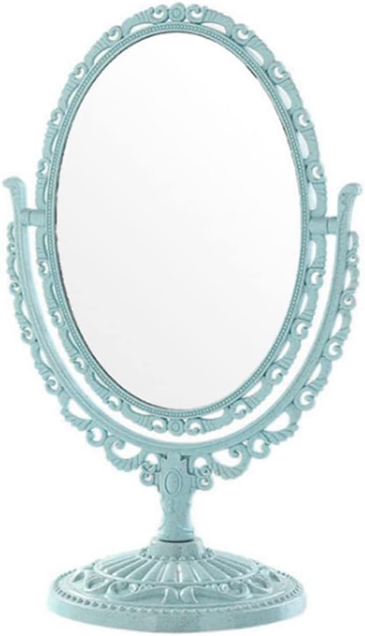 AKOAK 1 Pack Desktop Makeup Mirror, Oval Desk Makeup Mirror, Double-Sided 360-degree Rotating Makeup Mirror Bathroom Bedroom Makeup Mirror, Travel Mirror Suitable for Women (Blue)