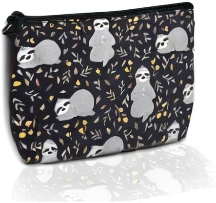 Makeup Bag for Purse, Waterproof Funny Cute Baby Sloths Leaves Cosmetic Bag for Women, Zipper Travel Toiletry Gift 9.5×5.9 Inch