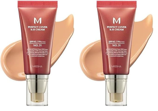 MISSHA M Perfect BB Cream No 31.Golden beige for medium/deep with neutral skin tone SPF 42 PA +++ 1.69 Fl Oz - Tinted Moisturizer for face with SPF (Pack of 2)