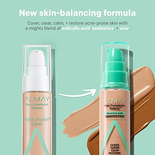 Almay Clear Complexion Acne Foundation Makeup with Salicylic Acid, Medium Coverage, Soft Matte Finish, Hypoallergenic, Cruelty- & Fragrance-Free, Dermatologist Tested, 730 Golden Caramel, 1 fl oz