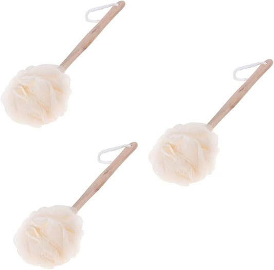 3pcs Bath Sponge Brush Handle Exfoliating Scrubber for Shower Mesh Pouf Back Brush for Men and Women for Easy Cleaning of Hard Reach Areas Travel-Friendly and