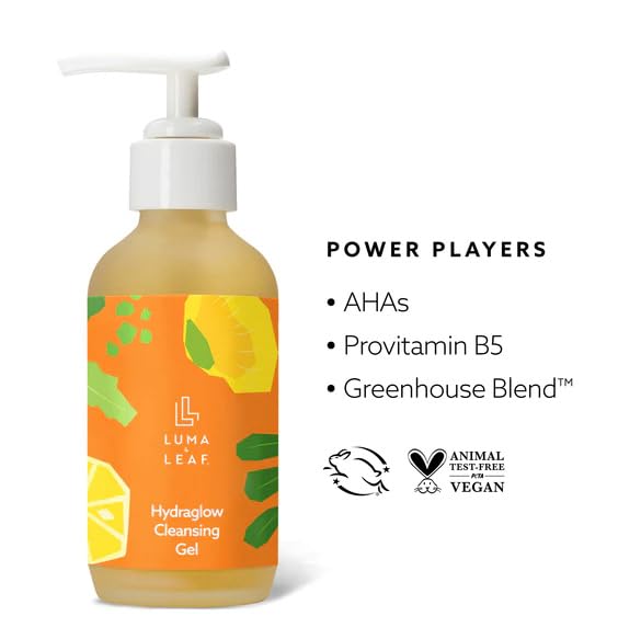 LUMA & LEAF Hydraglow Gel Face Cleanser - 3.8 fl oz Brightening Daily Cleanser Face Wash with Botanical Fruit Enzyme Blend and Hyaluronic Acid Hydration β For all Skin Types