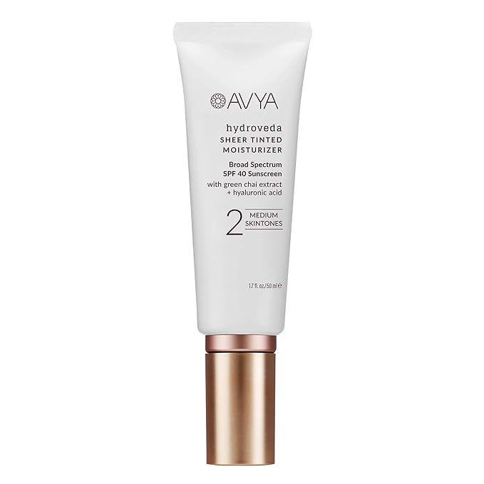 AVYA SPF 40 Sheer Tinted Moisturizer with Hyaluronic Acid & Green Chai β Advanced Ayurvedic Skincare Treatment for Balanced and Brighter Skin/Medium Skintones Shade #2 (1.7oz/50ml)