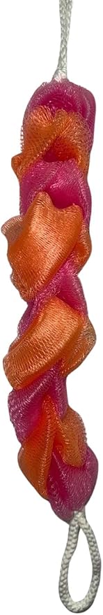 Long Reach Nylon Mesh Elastic Dual-Color Bathing Sponge for Soft Sensitive Skin, Orange-Pink