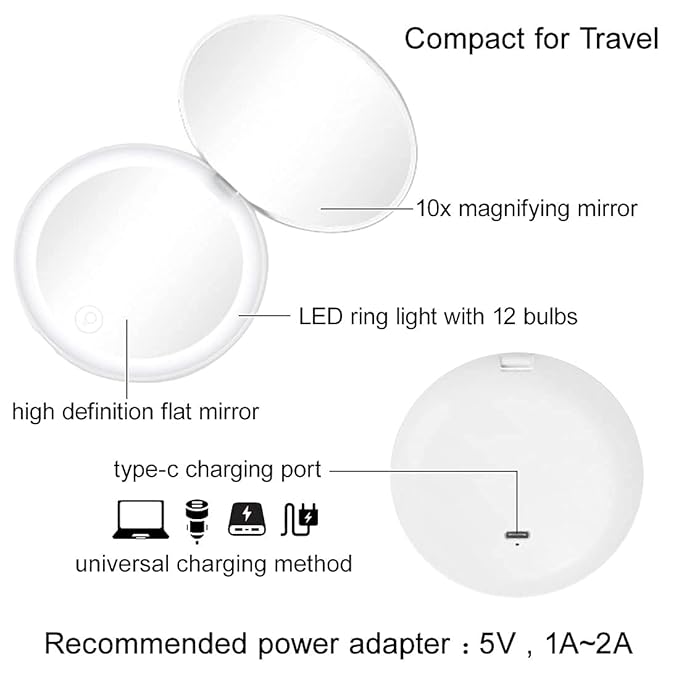Compact Mirror with LED Light,1x/10x Magnifying Rechargeable Mirror,3.5in, Dimmable Travel Mirror for Purse,Pocket,Handheld 2-Sided Makeup Mirror