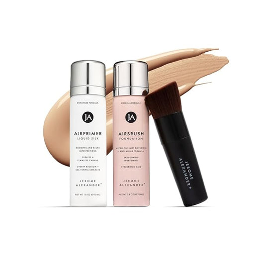 MagicMinerals AirBrush Foundation Set by Jerome Alexander β 3pc Set Includes Primer, Foundation and Kabuki Brush - Spray Makeup with Anti-aging Ingredients for Smooth Radiant Skin (Light)