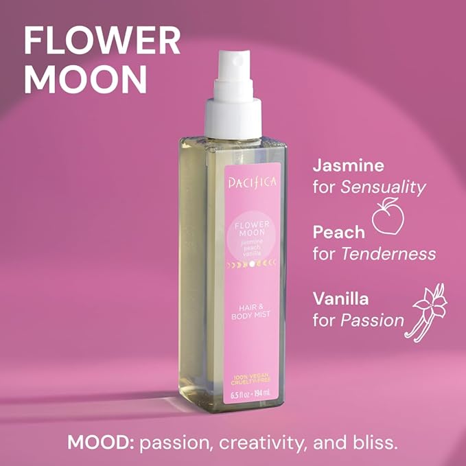 Pacifica Hair Perfume & Body Fragrance Spray Mist - Flower Moon with Jasmine, Peach & Vanilla β Alcohol-Free, Vegan & Cruelty-Free, 6.5 oz