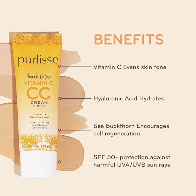pΕ«rlisse Youth Glow Vitamin C CC Cream SPF 50: Cruelty-Free & Clean, Paraben & Sulfate-Free, Full Coverage, Hydrates with Hyaluronic Acid | Medium 1.4oz