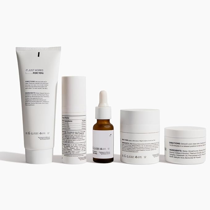 Y'OUR Acne Skincare Kit for Adults β 5-Step System with Cleanser, Day Cream, Serum, Night Cream & Mask β Fights Breakouts & Blemishes β Hydrating & Non-Comedogenic Formula