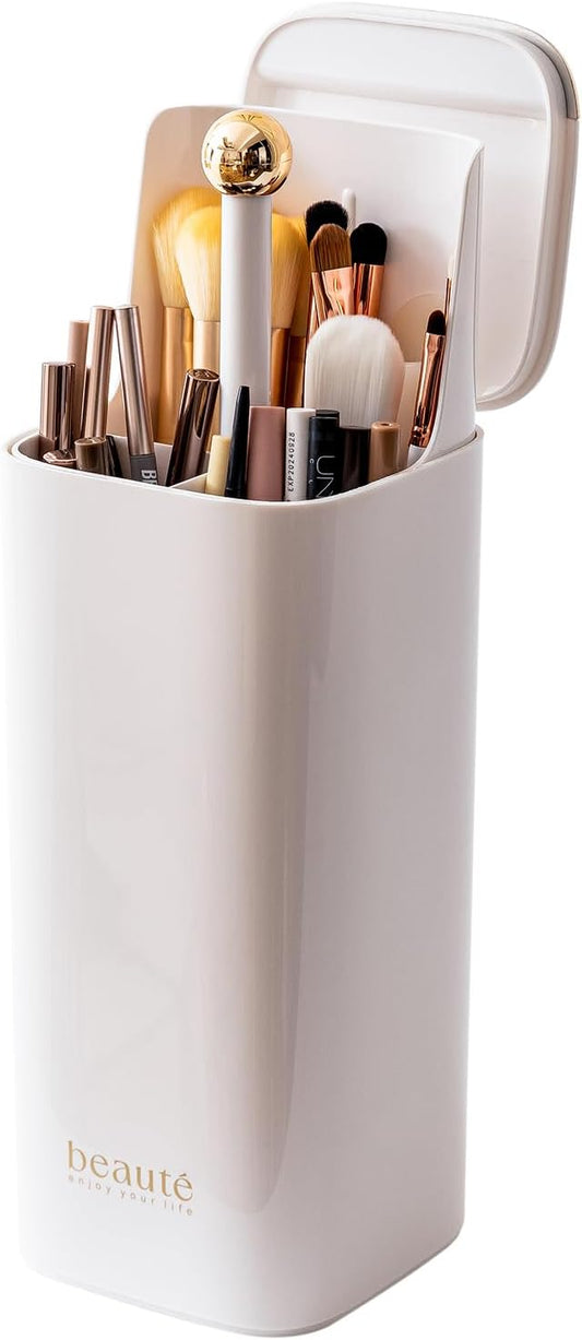 Makeup Brush Holder with Lid Cosmetic Tools OrganizerοΌWhite