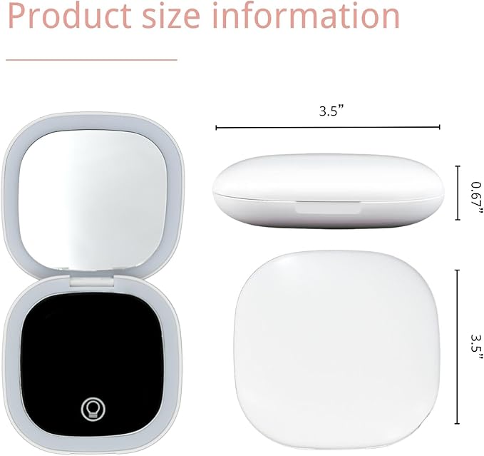 Makeup Mirror with Lights - Dual-Sided White LED Pocket Mirror, 1X/5X Magnifying Travel Mirror, 3 Light Modes, Rechargeable Handheld Mirror for On-The-Go Makeup, Grooming, and Gifts