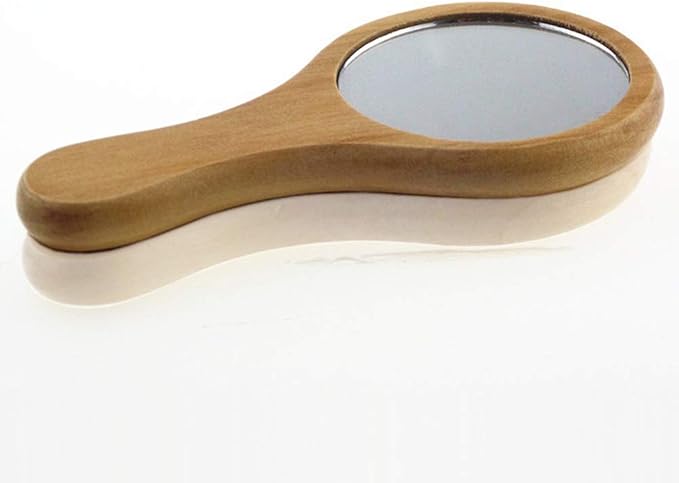 1 Piece Mini Portable Wood Makeup Mirror Handmade Portable Handle Round Cosmetic Mirror with Single Handle Personal Vanity Cosmetic Wooden Handheld Mirror, 7.1x 13.5cm