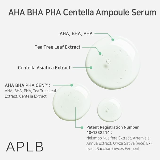 APLB AHA BHA PHA Centella Ampoule Serum | AHA BHA PHA CENβ’ 32.5% 1.35 FL.OZ/Korean Skincare, Exfoliant, Long lasting moisturizing, Revitalize for gentle and improve skin texture