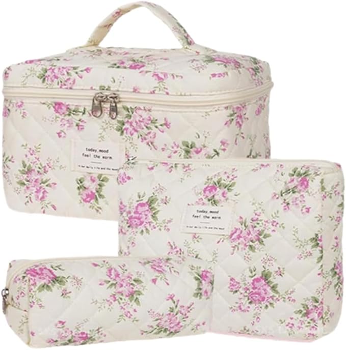 3 Pcs Makeup Bag Set,Cotton Quilted Makeup Bag,Coquette Makeup Bag,Floral Makeup Bag,Large Toiletry Cosmetic Bag Makeup Bag Organizer for Women Girls (P3-3PCS)