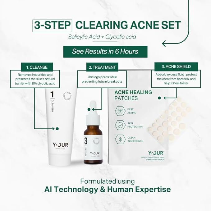 YβOUR Essential 3-Step Acne Kit: Purifying Cleanser, Anti-Acne Serum & Healing Patches; Pimple Clearing, Pore Minimizing Skincare Routine. Made in USA. Suitable for All Skin Types