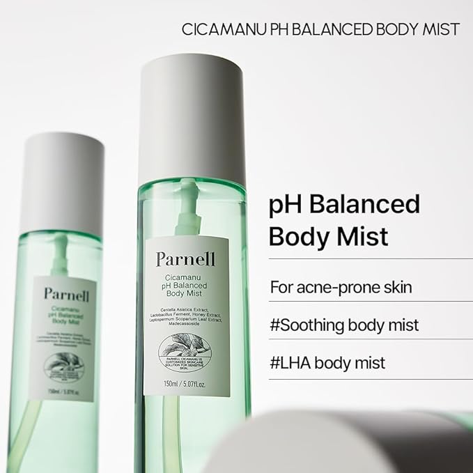 Parnell Cicamanu pH Balanced Body Mist - Centella Asiatica, Hyaluronic Acid, Ceramide, LHA, PHA, Mild Exfoliating, Soothing and Moisturizing Mist for Body, Back Acne and Bacne (5.07 Fl Oz / 150ml)