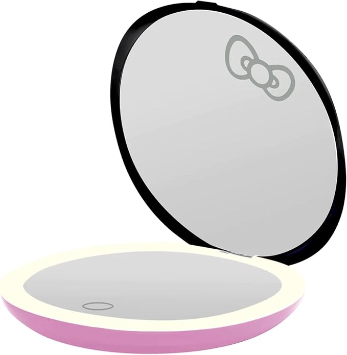 Impressions Vanity Hello Kitty The Favorites Compact Mirror with Light, Double Sided Cute Travel Makeup Mirror with Magnification, Soft Touch Button, and Adjustable Brightness