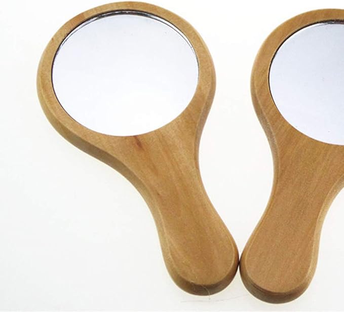 1 Piece Mini Portable Wood Makeup Mirror Handmade Portable Handle Round Cosmetic Mirror with Single Handle Personal Vanity Cosmetic Wooden Handheld Mirror, 7.1x 13.5cm