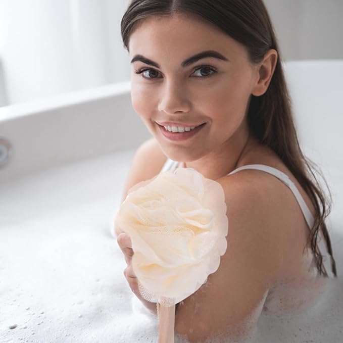 Loofah Sponge Brush Shower Loofah with Handle Bathroom for The Disabled Shower Sponge Pads Back Exfoliating Pad Soft Bath Sponge with Short Handle Bamboo Net Brush