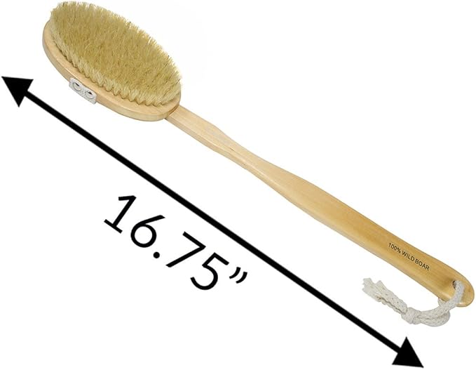 Natural Wood Bath & Body Brush with Long Handle - 100% Wild Boar Bristle