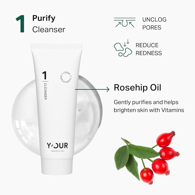 YβOUR Essential 3-Step Acne Kit: Purifying Cleanser, Anti-Acne Serum & Healing Patches; Pimple Clearing, Pore Minimizing Skincare Routine. Made in USA. Suitable for All Skin Types