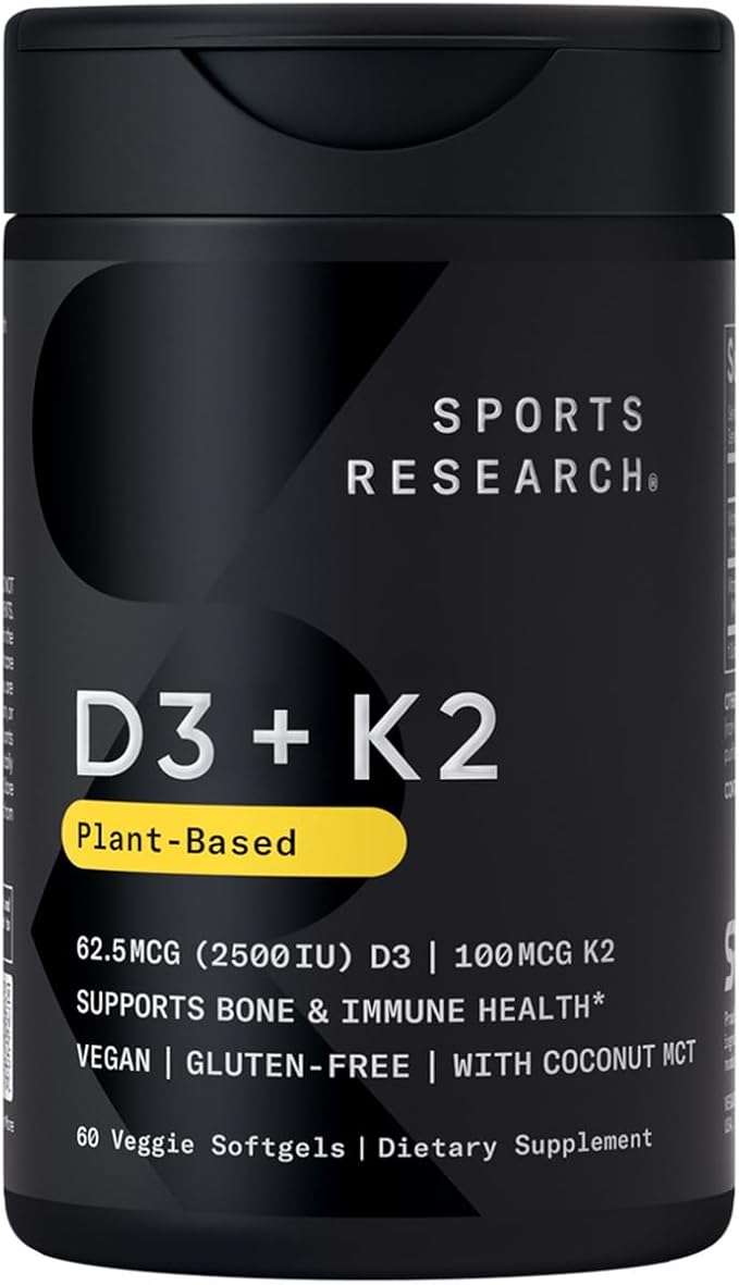 Sports Researchยฎ Vitamin D3 + K2 with Coconut MCT Oil | Vegan D3 2500iu (62.5mcg) & Plant Based Vitamin K2 Supplement | Vegan Certified, Soy & Gluten Free - 60 Softgels