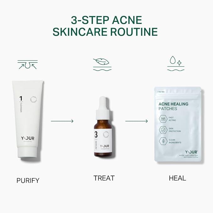YβOUR Essential 3-Step Acne Kit: Purifying Cleanser, Anti-Acne Serum & Healing Patches; Pimple Clearing, Pore Minimizing Skincare Routine. Made in USA. Suitable for All Skin Types