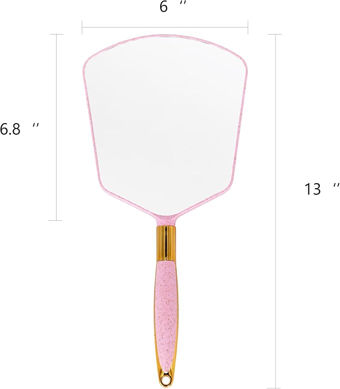 Eaoundm Hand Held Mirror with Handle, Makeup Hand Mirror with Hook Hole for Bathroom and Bedroom, Barbers Haircut Mirror for Home and Salon (6 W X13 L inchs, Pink)