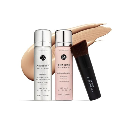 MagicMinerals AirBrush Foundation Set by Jerome Alexander β 3pc Set Includes AirFinish, Foundation and Kabuki Brush - Spray Makeup with Anti-aging Ingredients for Smooth Radiant Skin (Medium)