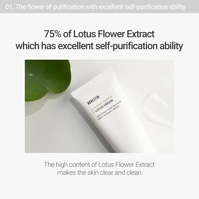 ROVECTIN Calming Lotus Water Cream - Lightweight Moisturizer Face Cream for Oily, Combination Skin | 75% Lotus Water Extract For Skin Purifying, Anti-Aging | Vegan Korean Skincare (2.03 fl oz, 60ml)
