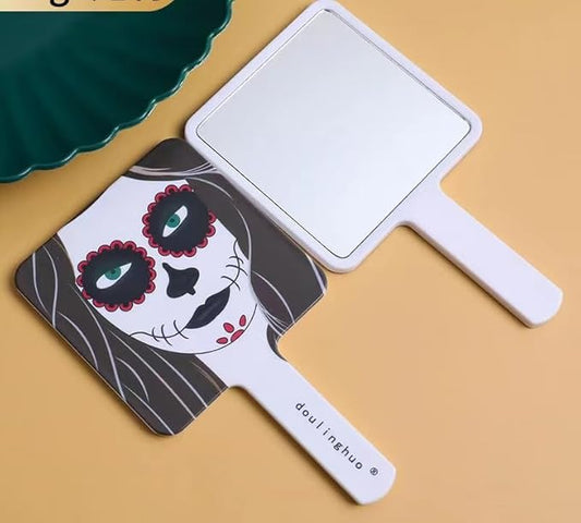 2Pcs Creative Hand Held Makeup Mirror with Printed Skull Makeup Mirror for Women,Girls, Square