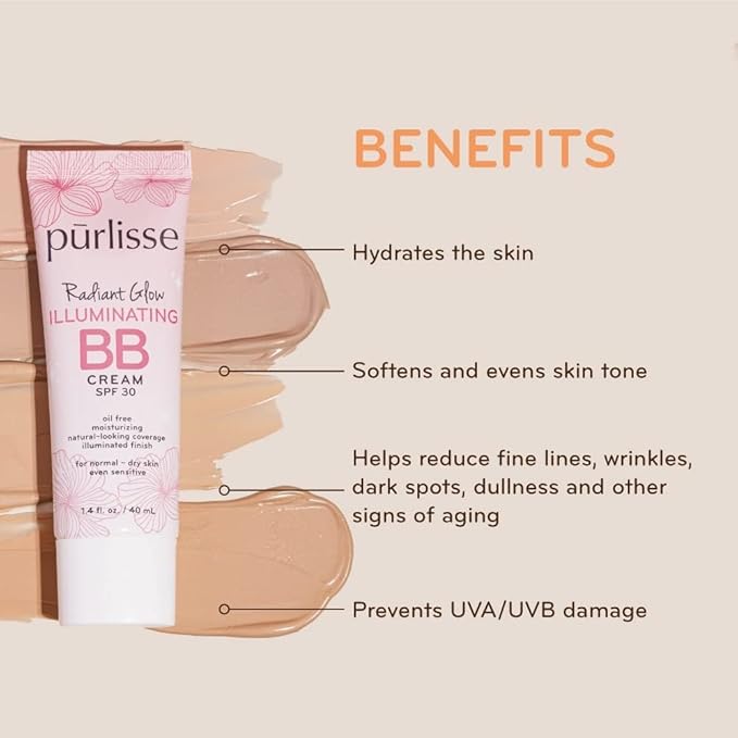 pΕ«rlisse Radiant Glow Illuminating BB Cream with SPF 30 - Glow BB Cream Enriched with Goji & Hawthorn Berry for Dewy Skin - Helps to Improve Skin Texture & Radiance - Deep (1.4 oz)