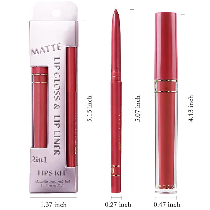 evpct 2Pcs Ruby Red Matte Lip Liner and Lipstick Lip Gloss Pencils Makeup Set Kit for Women, Lip Stains Long Lasting Waterproof 24