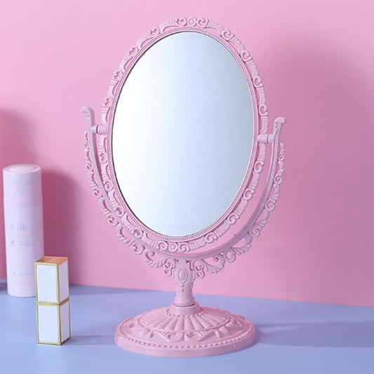 AKOAK 1 Pack Desktop Makeup Mirror, Oval Desk Makeup Mirror, Double-Sided 360-degree Rotating Makeup Mirror Bathroom Bedroom Makeup Mirror, Travel Mirror Suitable for Women (Pink)