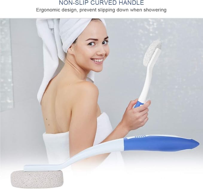 Foot Brush Long Handle Shower Bath Brush, Silicone Stone Foot Brush Removal Brush with Scrubbing Pumice Stone, 13.8inch Long Handle Foot Cleaning Massaging Brush