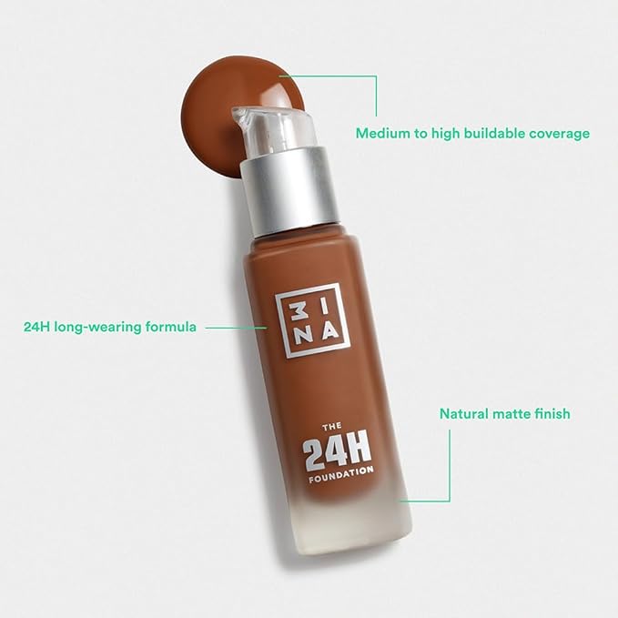 3INA The 24H Foundation 627-24H Long-Wearing Formula - Medium To High Buildable Coverage - Smooth Matte Finish - Expanded Shade Selection - Waterproof, Cruelty Free, Vegan Makeup - 1.01 Oz