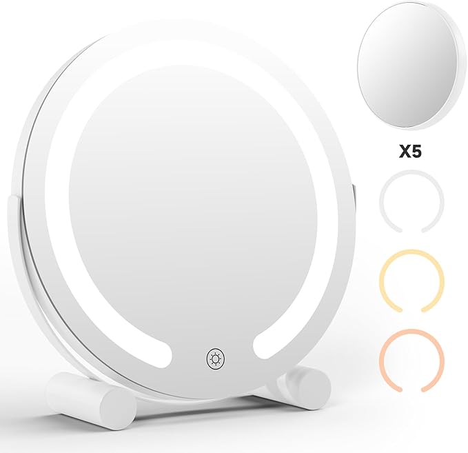PRIMETEK Vanity Mirror with Lights, 13 inch LED Lighted Makeup Mirror, Round Makeup Mirror with Lights, Touch Screen, 3-Color Lighting, 5X Magnification, for Vanity Desk Tabletop, Bedroom, White