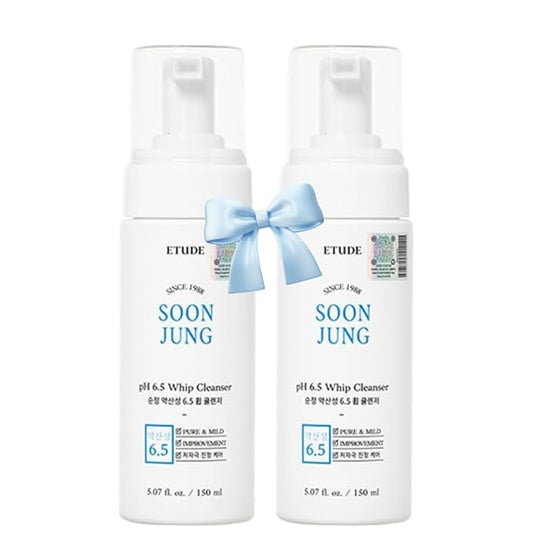 ETUDE SoonJung pH 6.5 Whip Cleanser Duo Set| Mild Micro Foaming Face Wash for Sensitive Skin, Panthenol, Madecassoside for Soothing, Barrier Repair, Vegan Certified, Non-comedogenic, 10.14 Fl Oz