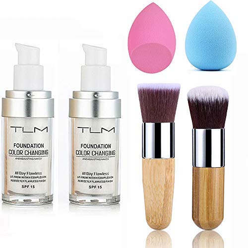 2pcs TLM Color Changing Foundation Liquid with 2 Brushes and 2 Cosmetics Sponge + UCANBE Face Body Glitter Liquid Highlighter Illuminator Dewy Drops with Makeup Brush