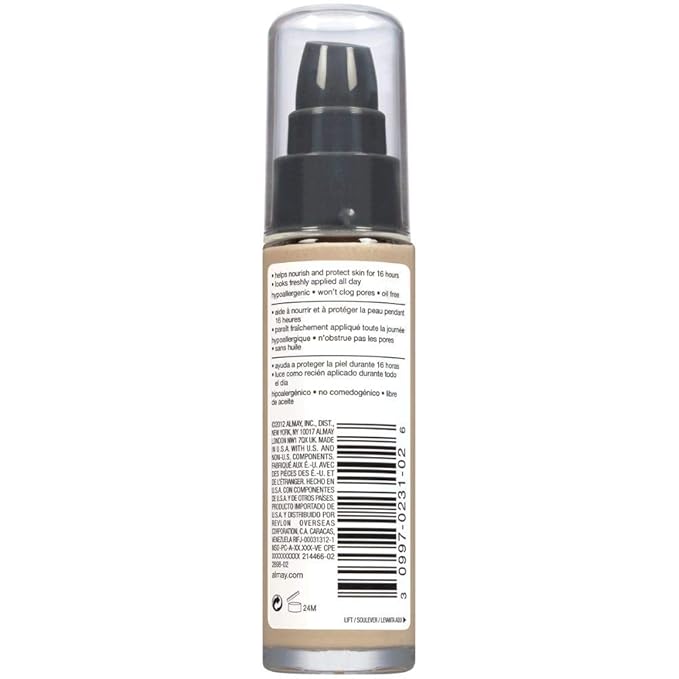 Almay Liquid Foundation, Truly Lasting Color, Long Wearing Natural Finish, Vitamin E and Lemon Extract, Hypoallergenic, Cruelty-Free, Dermatologist Tested, 140 Buff, 1 fl oz