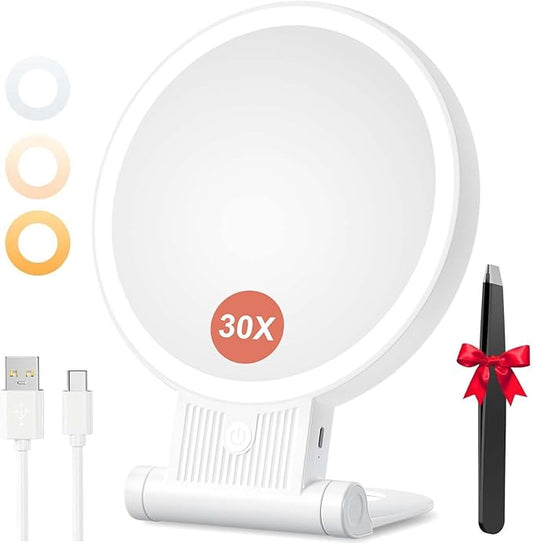 Magnifying Mirror with Light, 1X/ 30X Double Sided Makeup Mirror with 360Β° Rotation, Lighted Vanity Mirror with Tweezer and Rechargeable Travel Makeup Mirror with 1X/10X Magnification