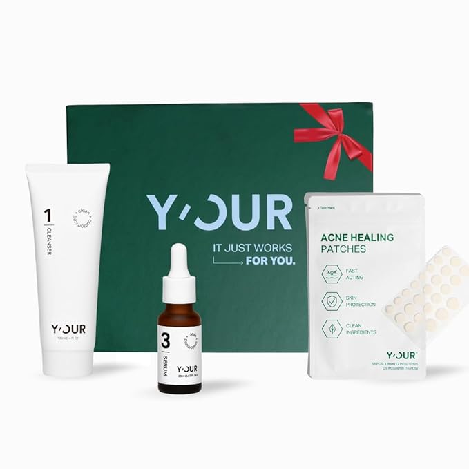 YβOUR Essential 3-Step Acne Kit: Purifying Cleanser, Anti-Acne Serum & Healing Patches; Pimple Clearing, Pore Minimizing Skincare Routine. Made in USA. Suitable for All Skin Types