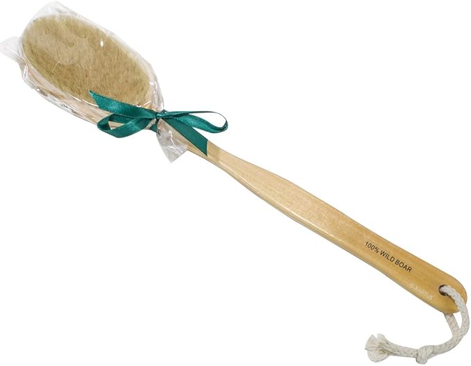 Natural Wood Bath & Body Brush with Long Handle - 100% Wild Boar Bristle