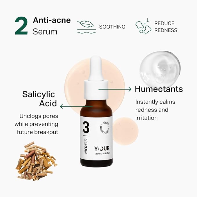YβOUR Essential 3-Step Acne Kit: Purifying Cleanser, Anti-Acne Serum & Healing Patches; Pimple Clearing, Pore Minimizing Skincare Routine. Made in USA. Suitable for All Skin Types