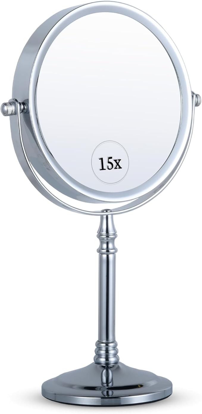 MIRRORVANA 15X Magnifying Makeup Mirror with Stand - Double-Sided 15X/1X Design - Suitable for Vanity Desk, Dressing Table, or Bathroom Countertop for Precise Make Up - 12" High x 6" Wide (Chrome)