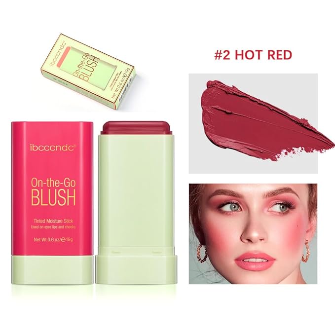 On-the-Go Makeup Blush Stick Tinted Moisture Stick, Shadow Lips Cheek Blusher Creamy Makeup Long Lasting Natural Nude Makeup for All Skin (red)